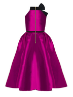 Pink dress with black accents on a white background