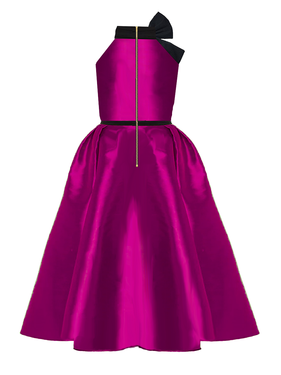 Pink dress with black accents on a white background