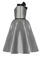 Gray dress with black bow and gold zipper on a white background