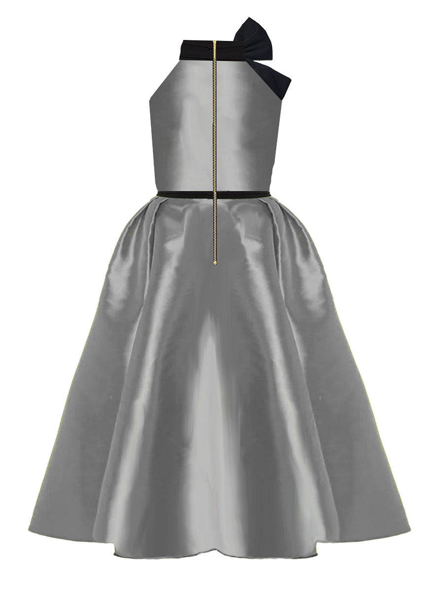 Gray dress with black bow and gold zipper on a white background