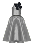 Silver dress with a black bow on a white background