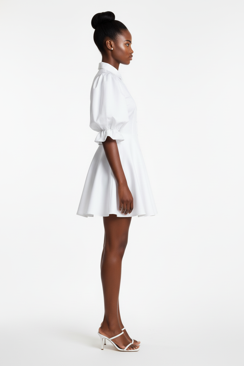 Woman wearing a white dress on a white background