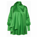 Green satin dress with a knot detail on a white background