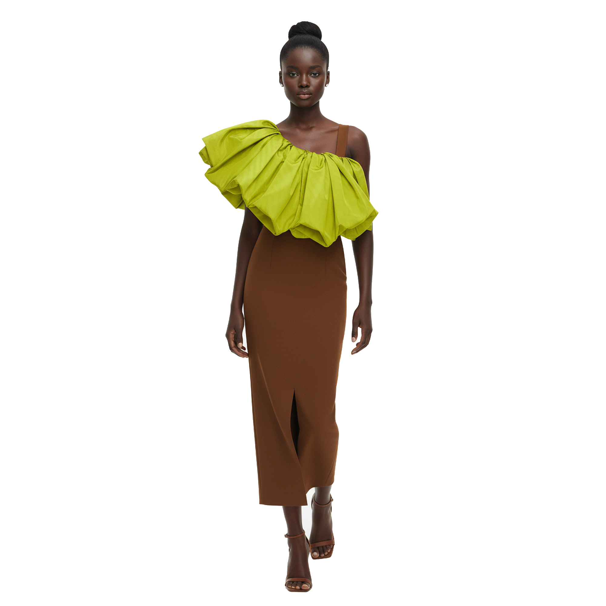 Model wearing a green off-shoulder top and brown skirt on a white background