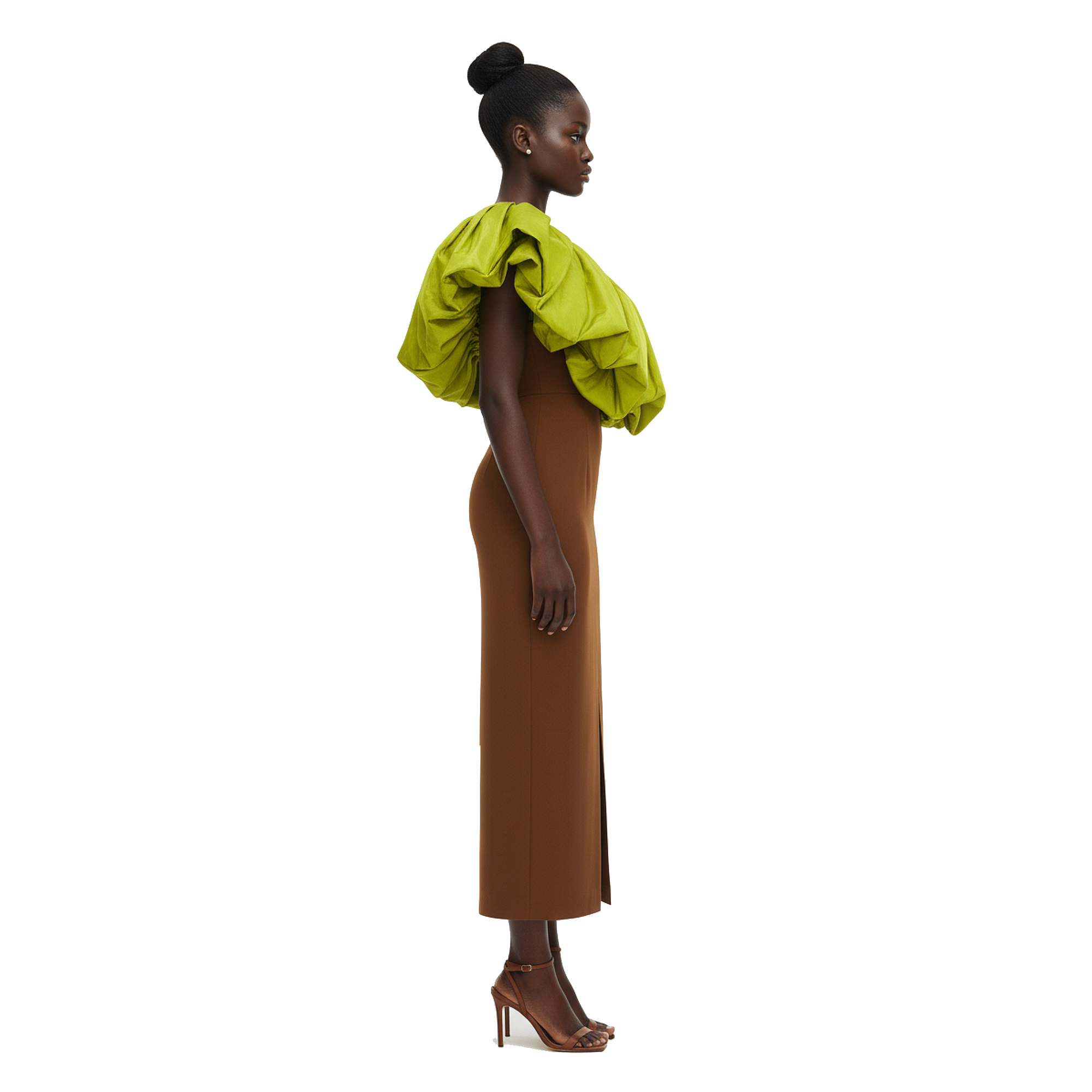 Woman wearing a green top and brown skirt on a white background