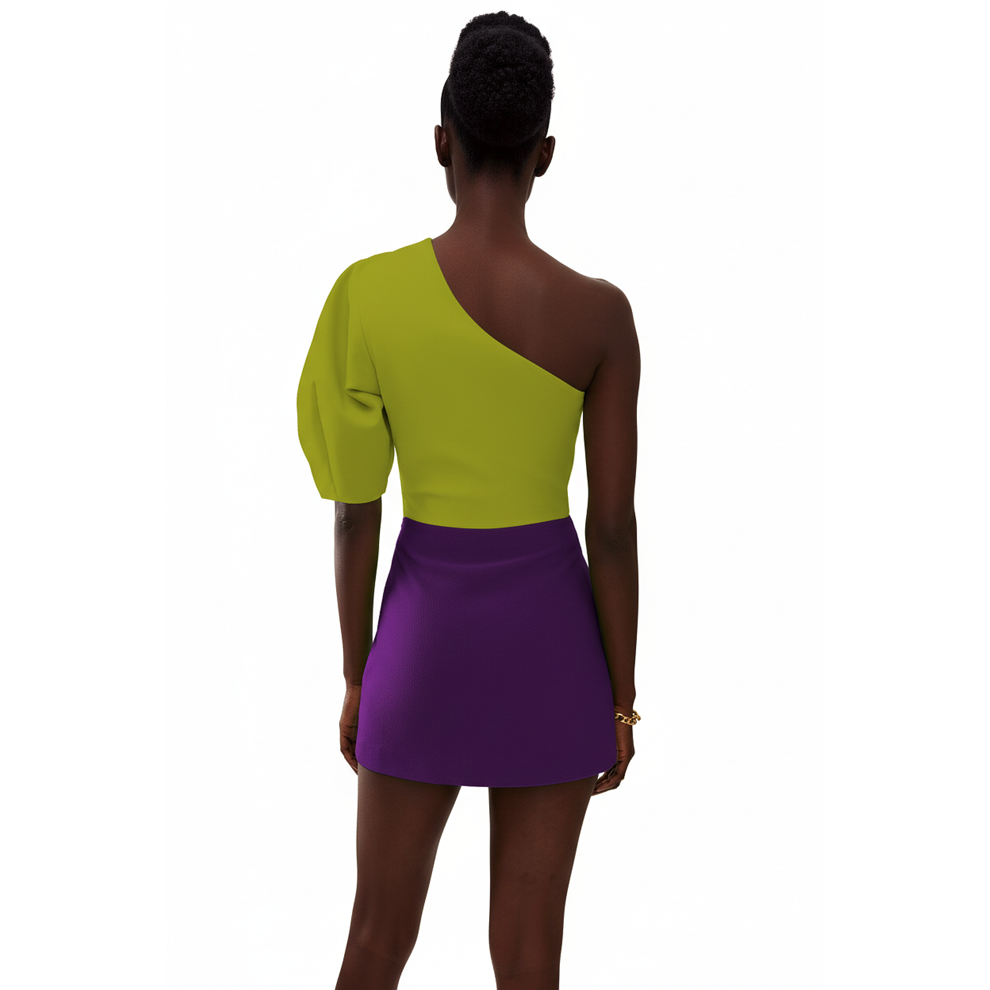 Person wearing a green and purple dress on a white background