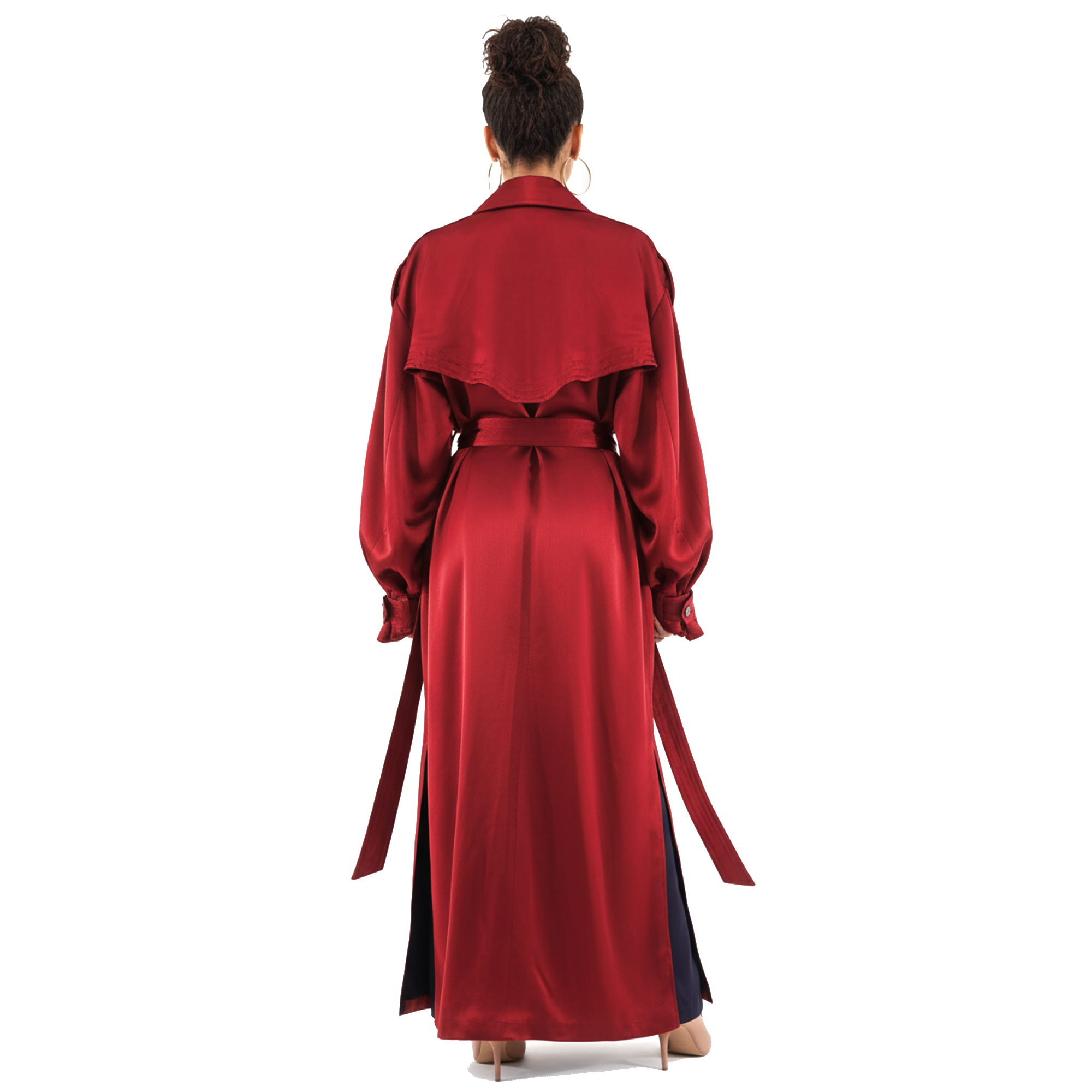 Red satin robe worn by a model on a white background