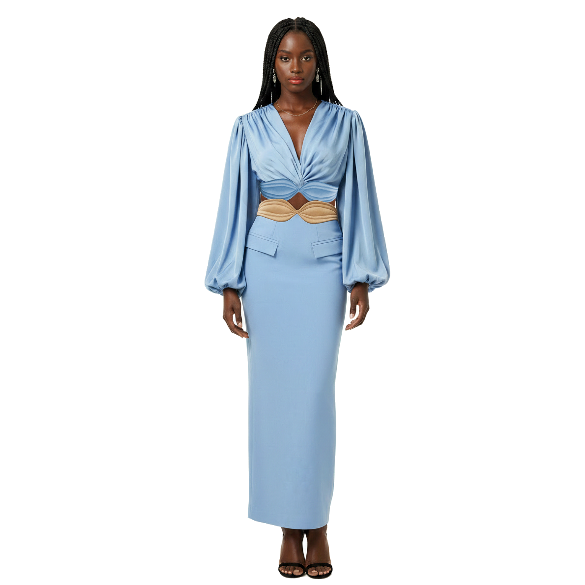 Meadow Maxi Dress – Cut-Out Waist Bishop Sleeve Gown