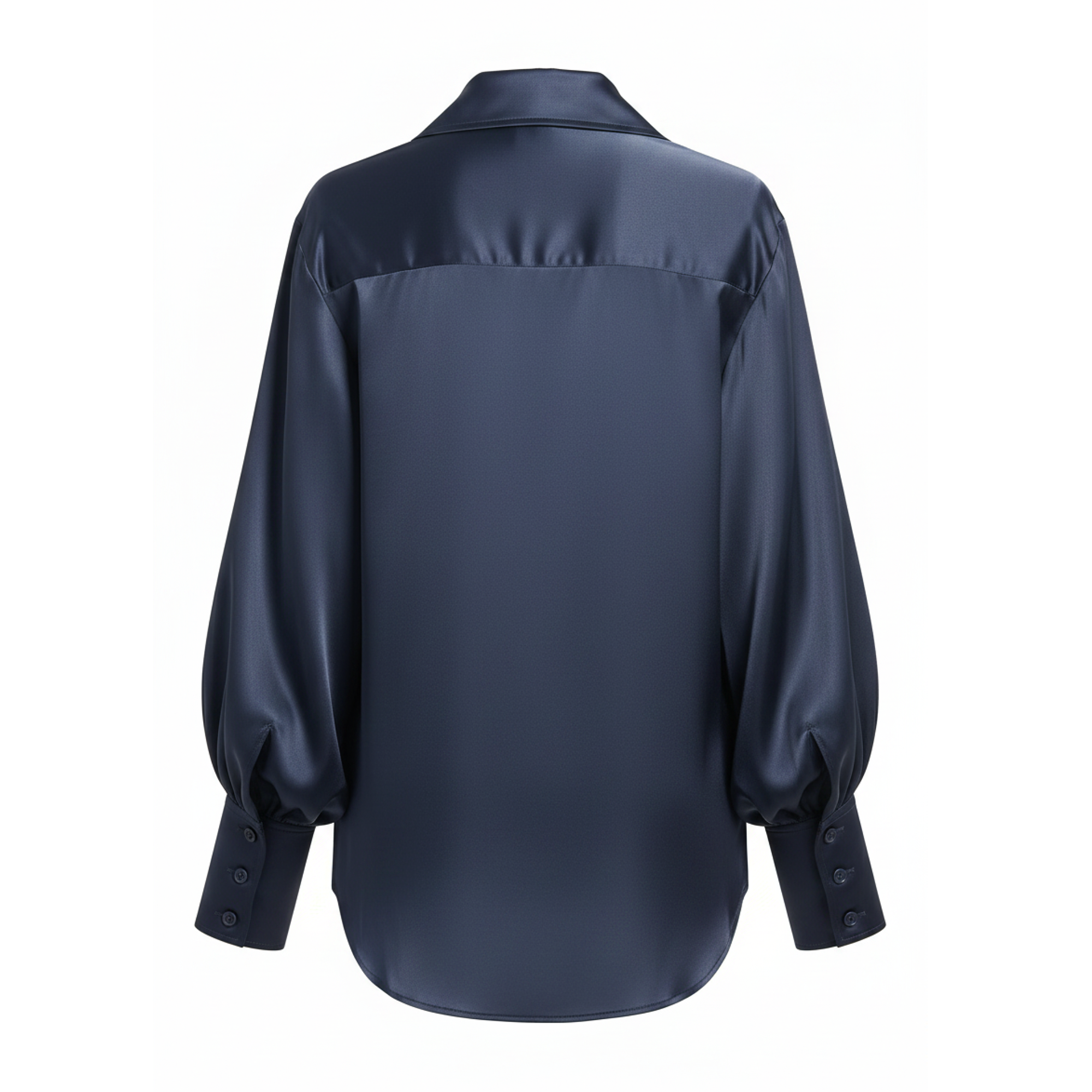 Navy blue satin shirt on a white background