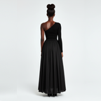 Black one-shoulder evening gown on a white background