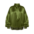 Green satin blouse with a tie-neck design on a white background