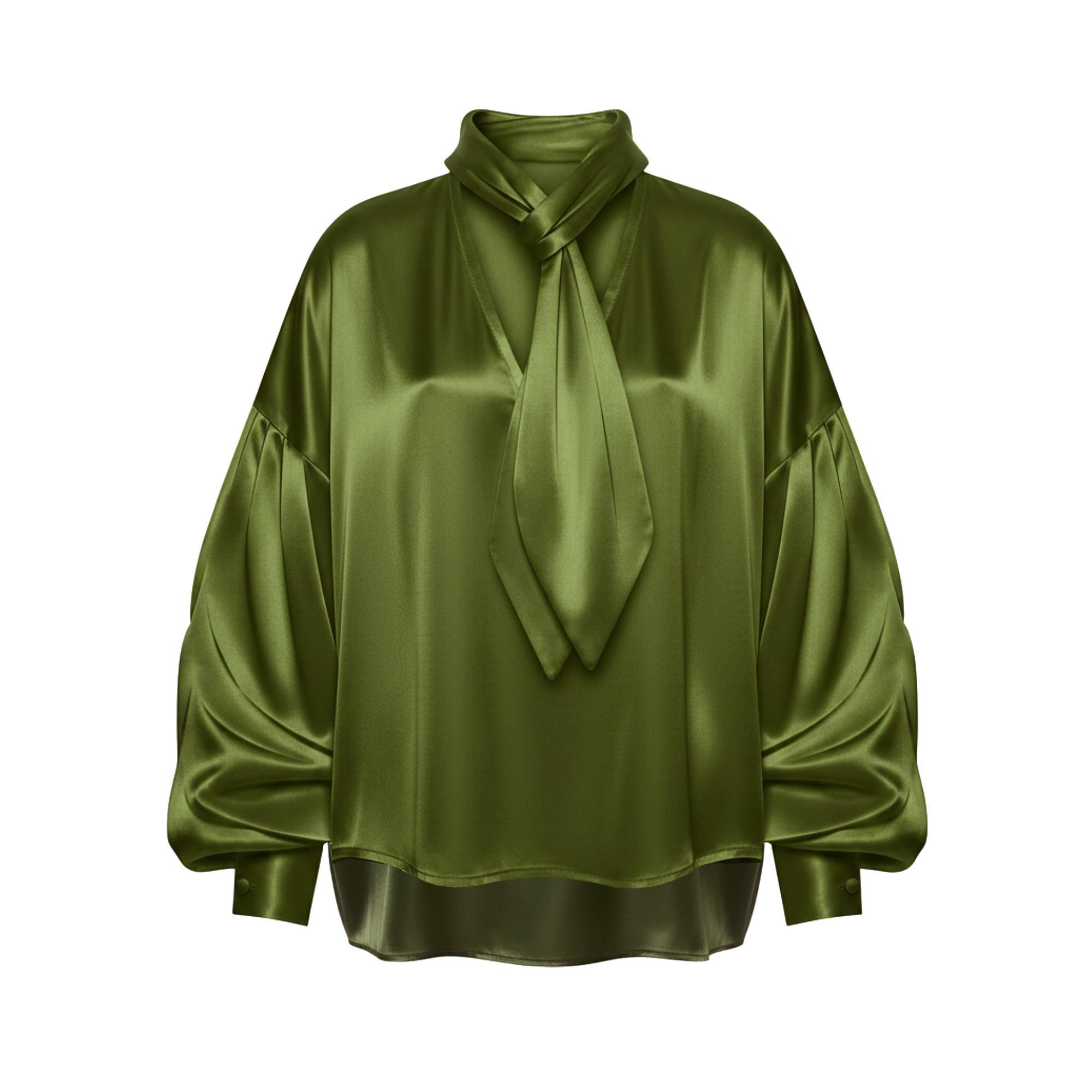 Green satin blouse with a tie-neck design on a white background