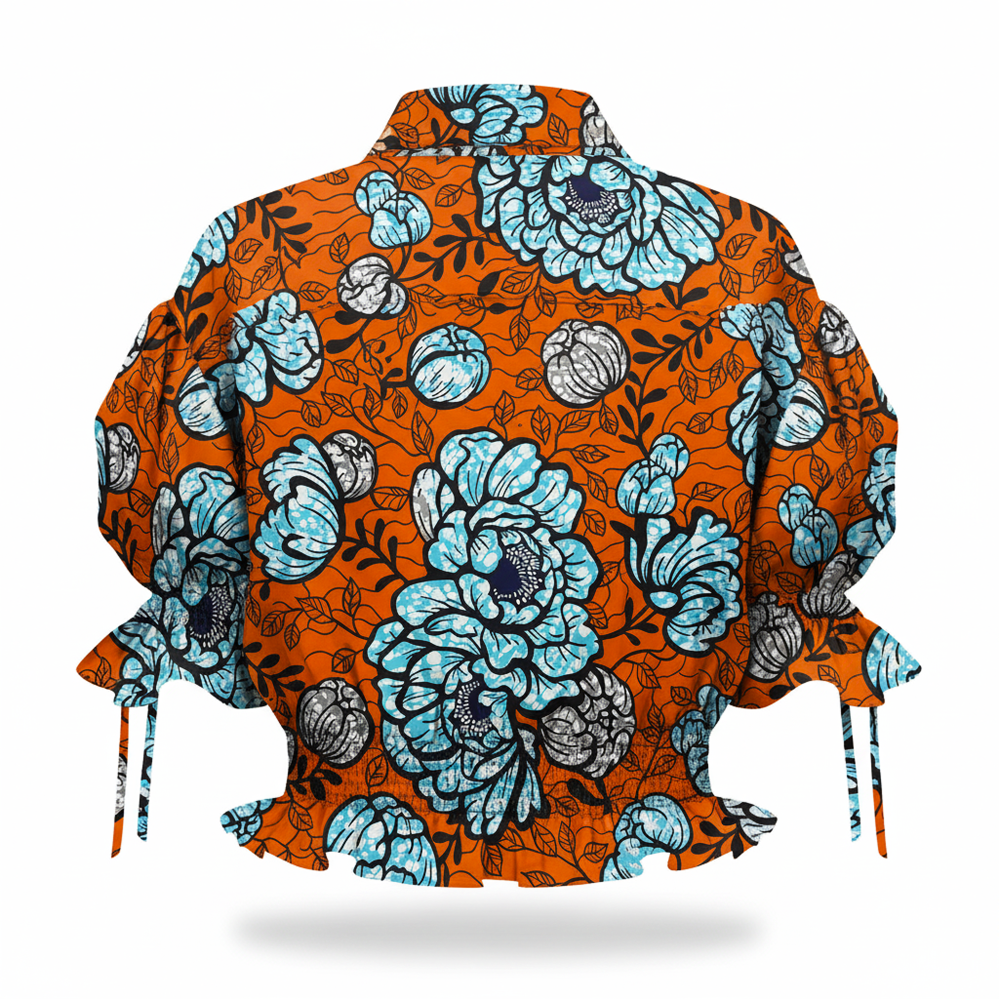 A short-sleeve blouse shown from the back, featuring a vibrant orange base with a bold pattern of light blue, gray, and black floral and leaf motifs. The back has a high collar, voluminous sleeves with tie details at the cuffs, and a ruffled hem.