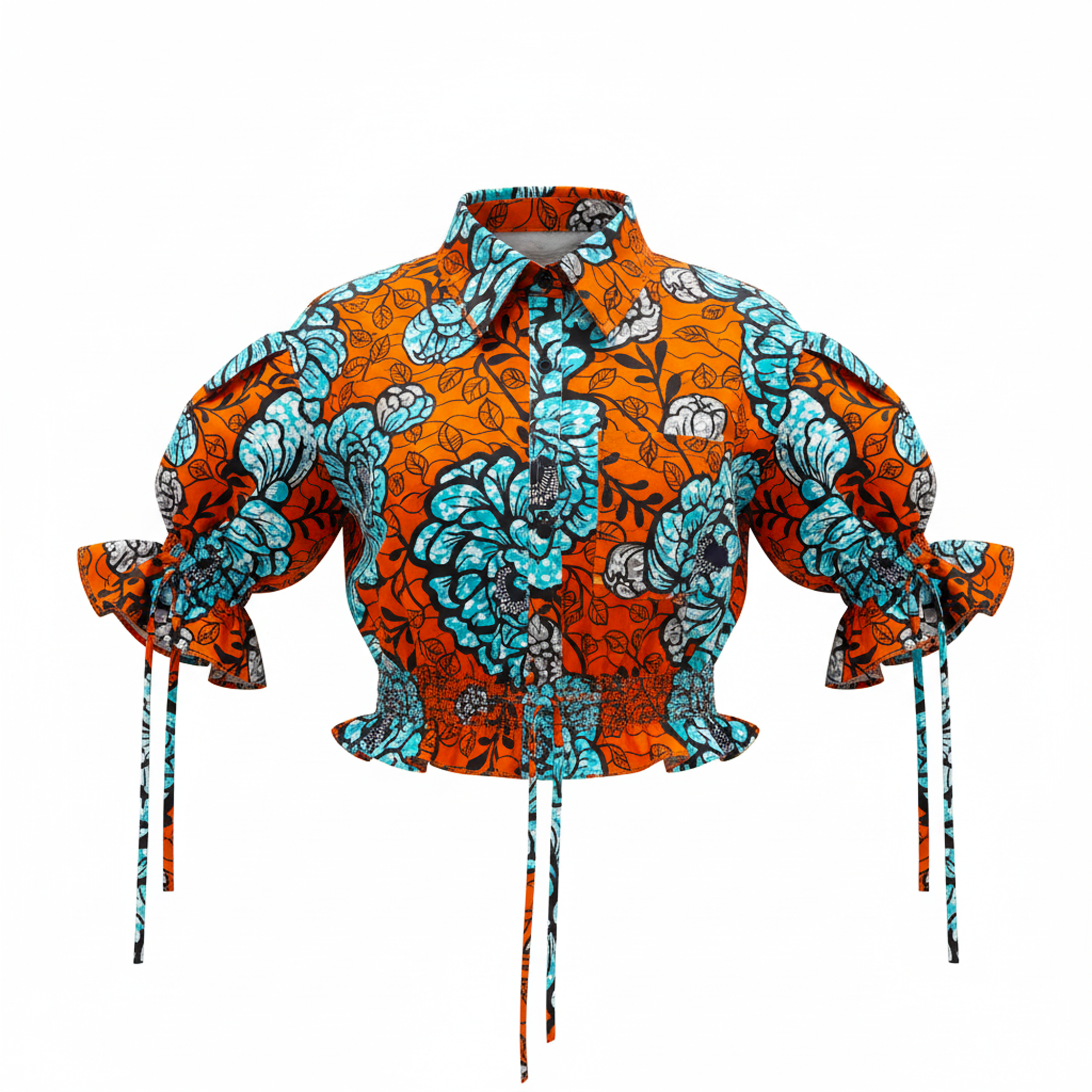 A cropped button-up shirt with a vibrant orange and turquoise floral pattern, featuring dramatic ruffled sleeves with tie details and long hanging ties at the hem, shown against a plain white background.