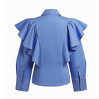 Blue blouse with ruffled shoulders on a white background