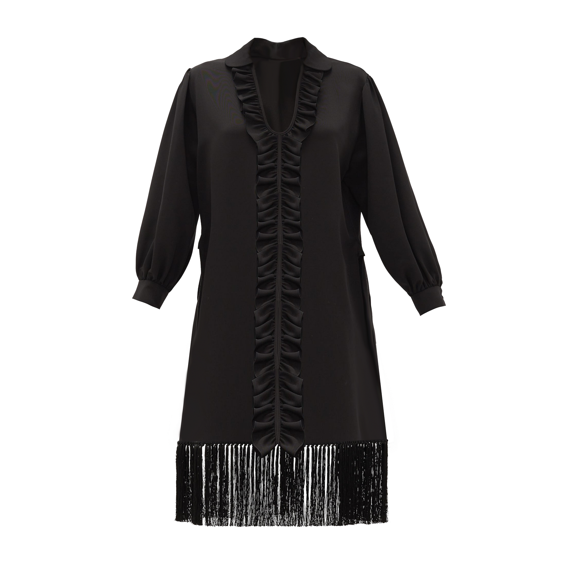 Black dress with ruffled details and fringe on a white background