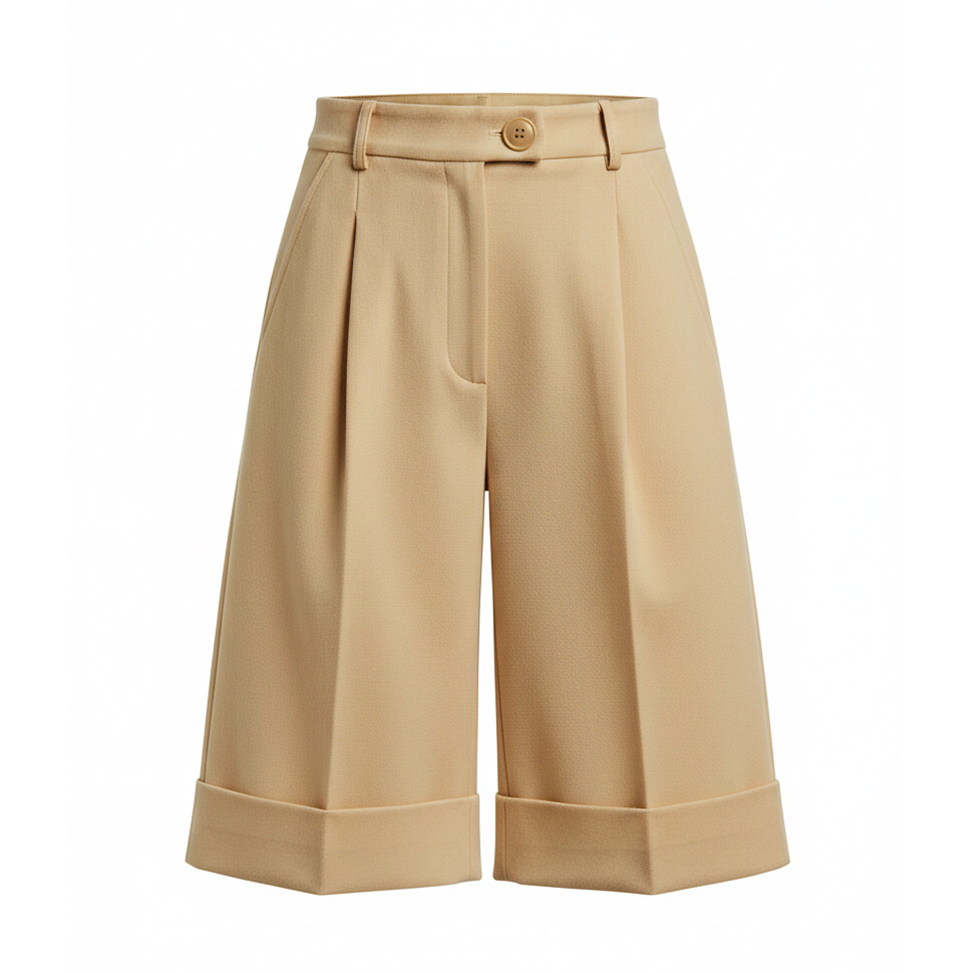 Beige wide-leg pants with a button on a white background