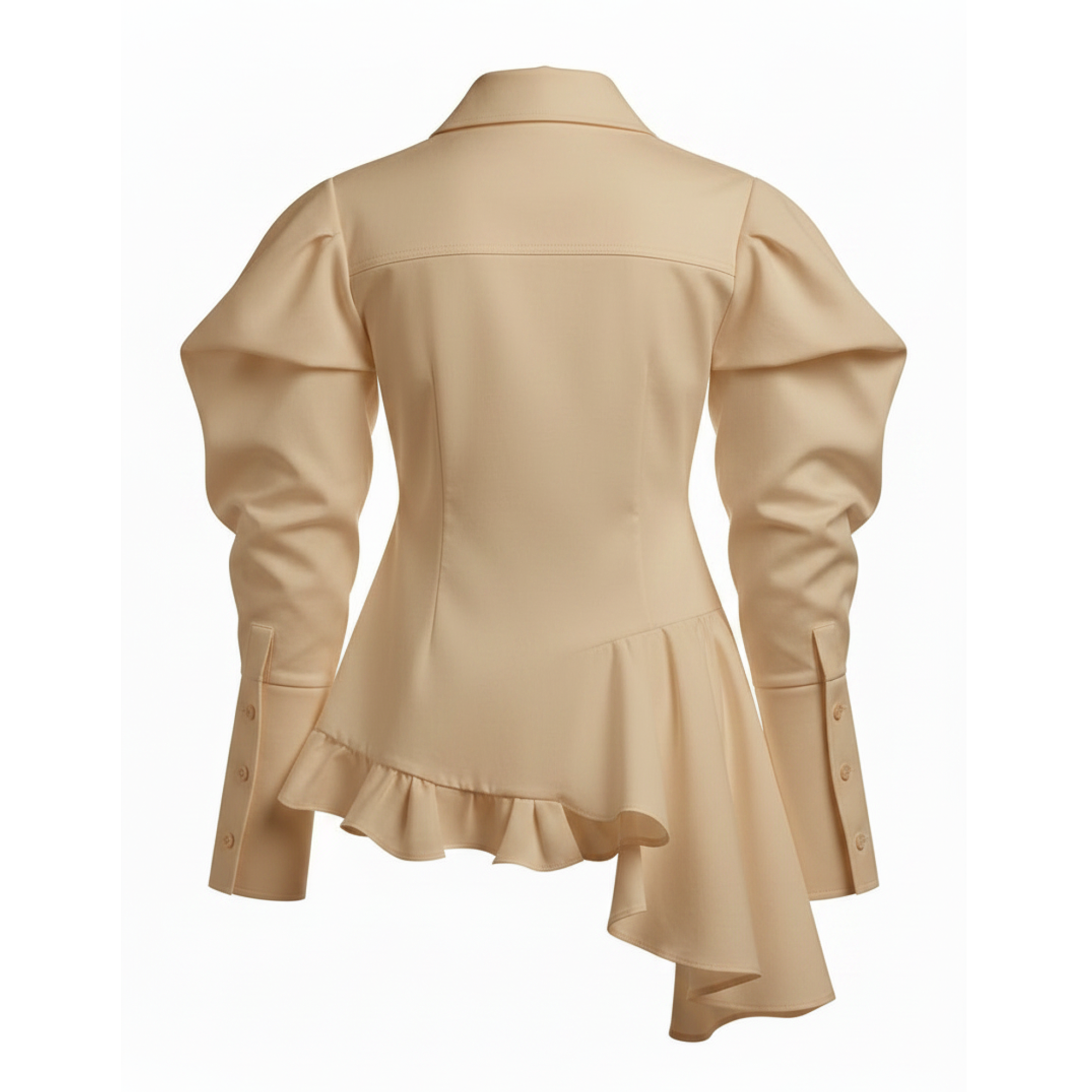Beige blouse with ruffled design on a white background