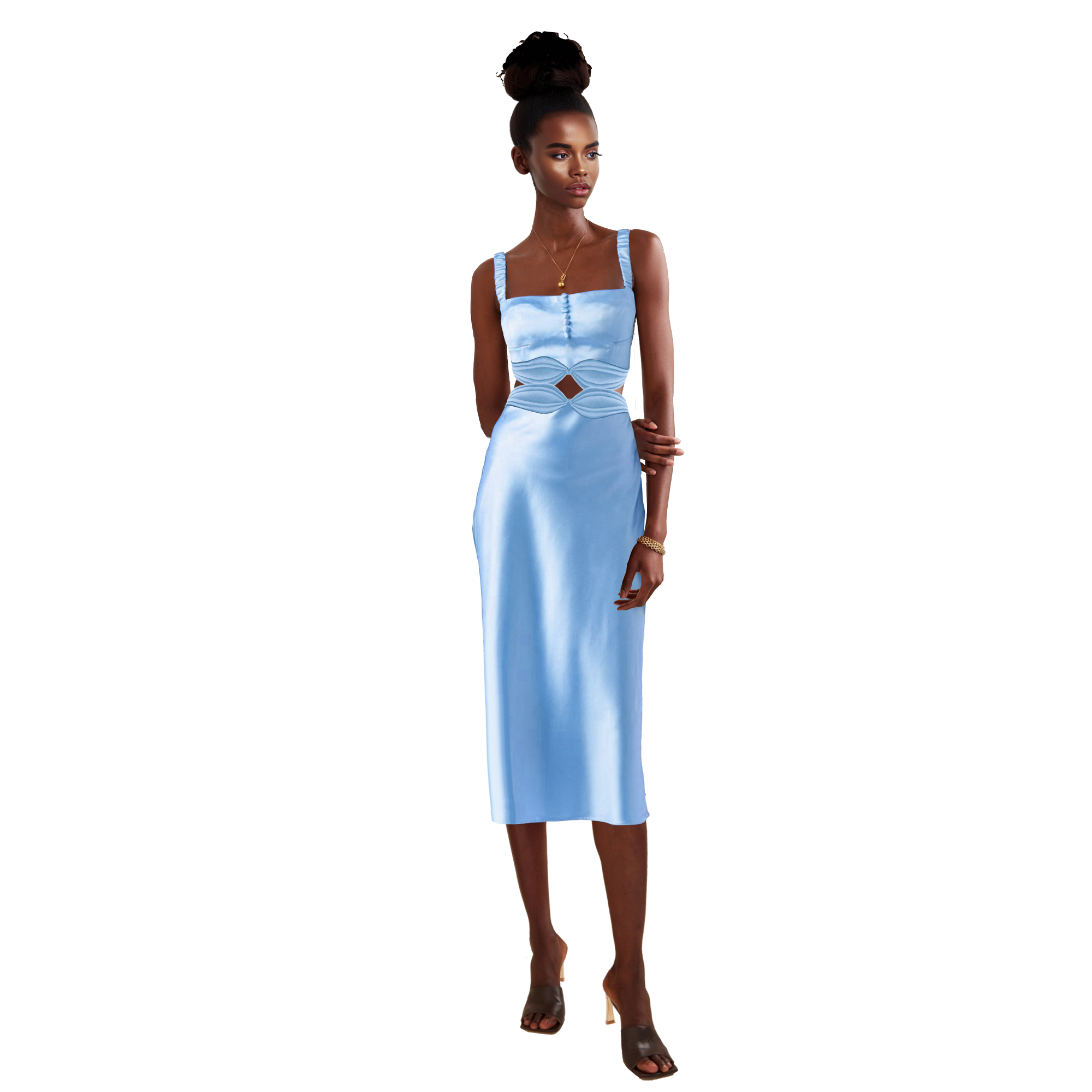 Woman wearing a light blue dress on a white background