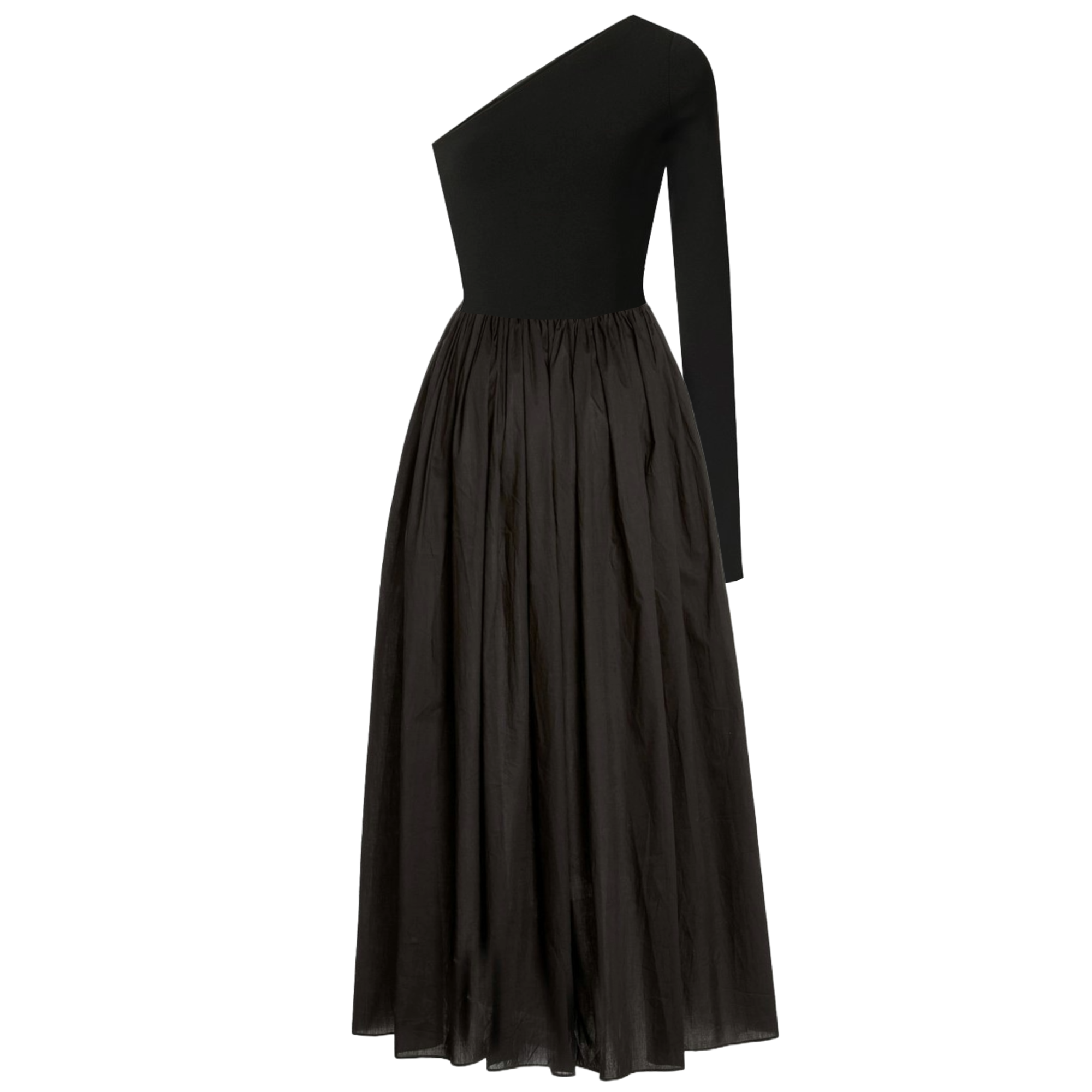 Black one-shoulder dress on a white background