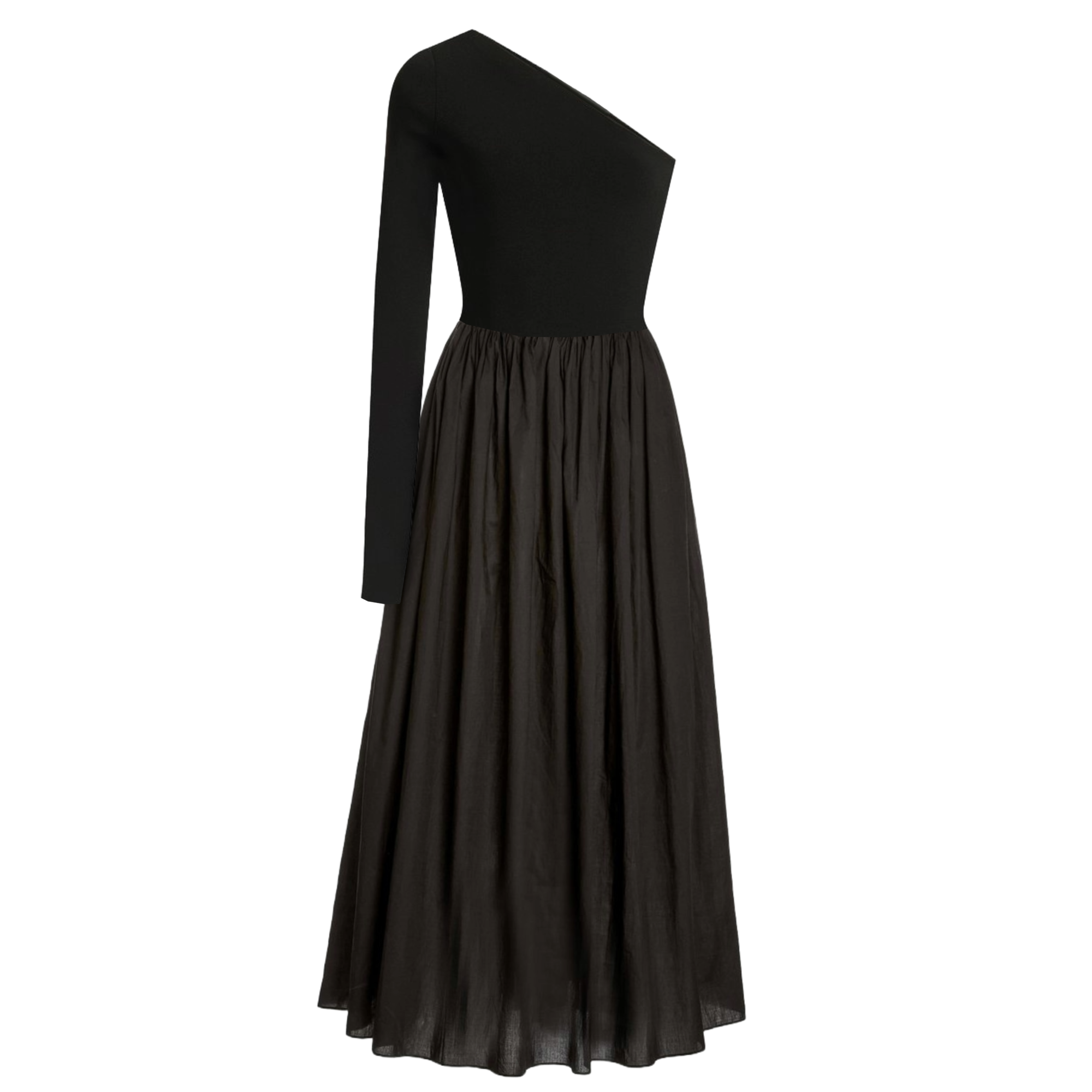 Black one-shoulder dress on a white background