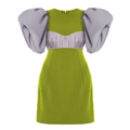 Green dress with gray puff sleeves on a white background