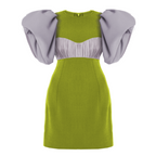 Green dress with gray puff sleeves on a white background
