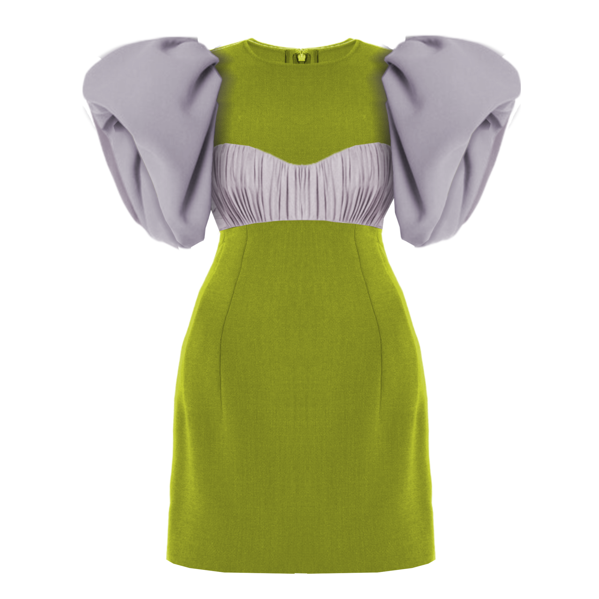 Green dress with gray puff sleeves on a white background