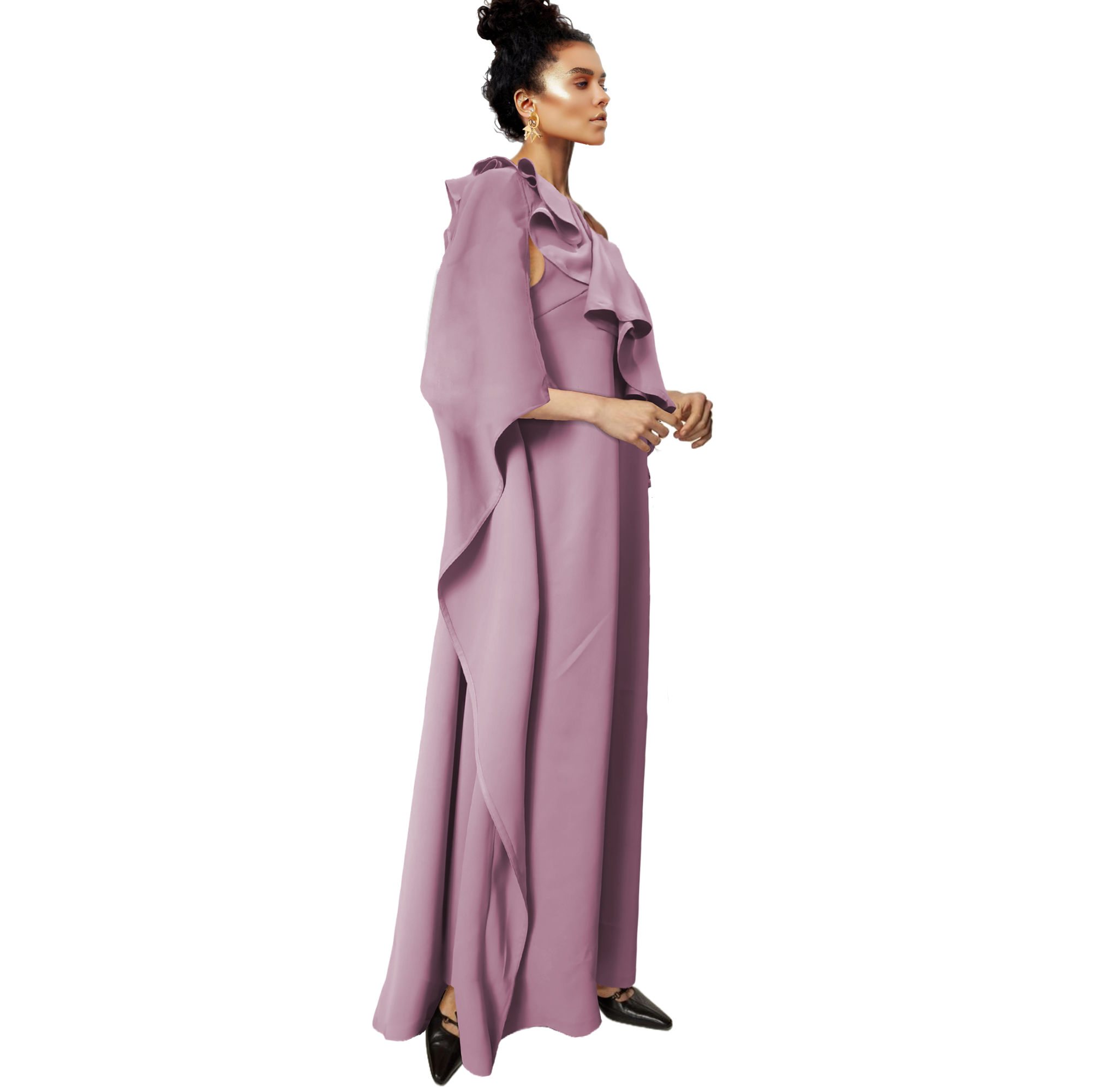 Woman wearing a long, light purple dress with ruffled details on a white background