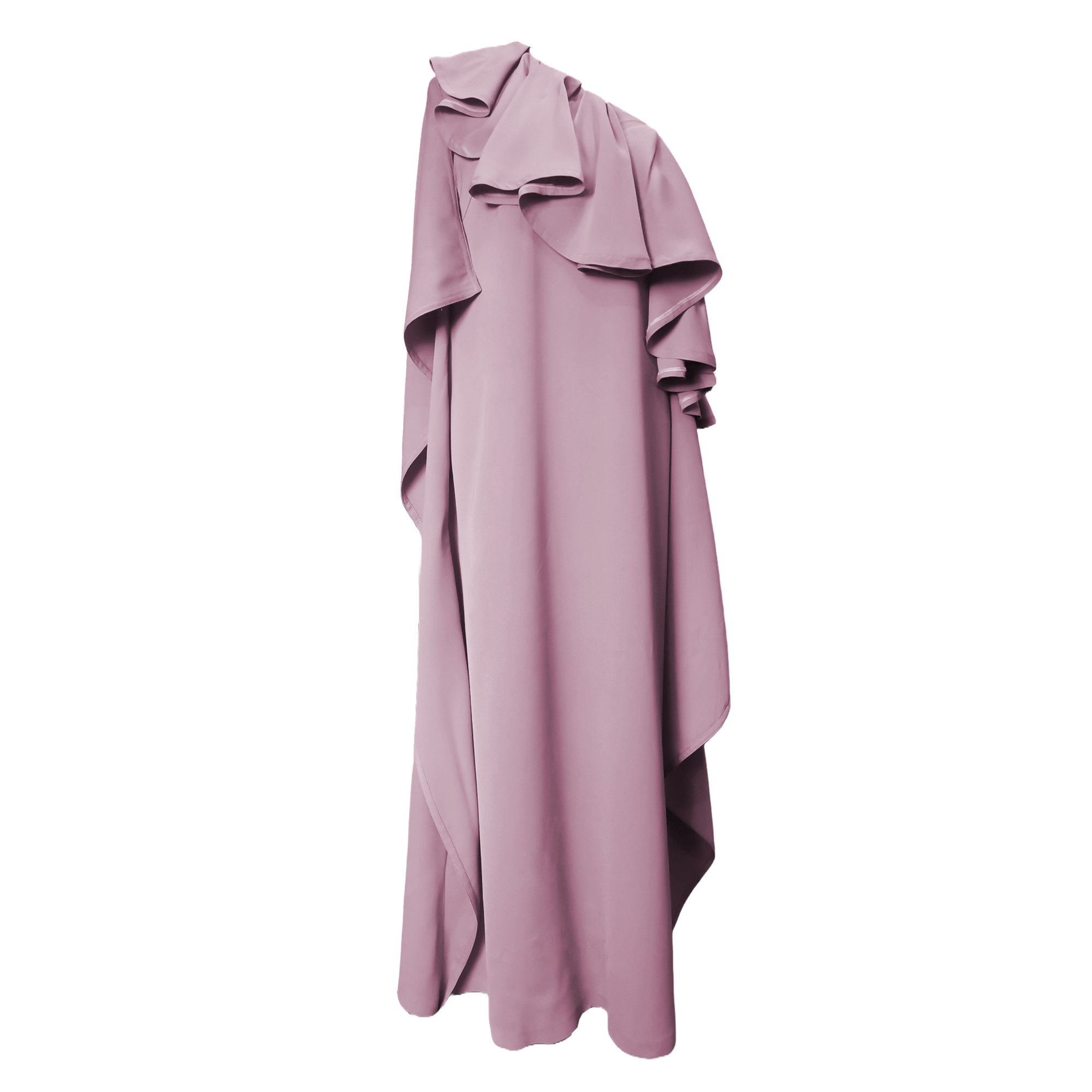 Pink one-shoulder dress with ruffle details on a white background