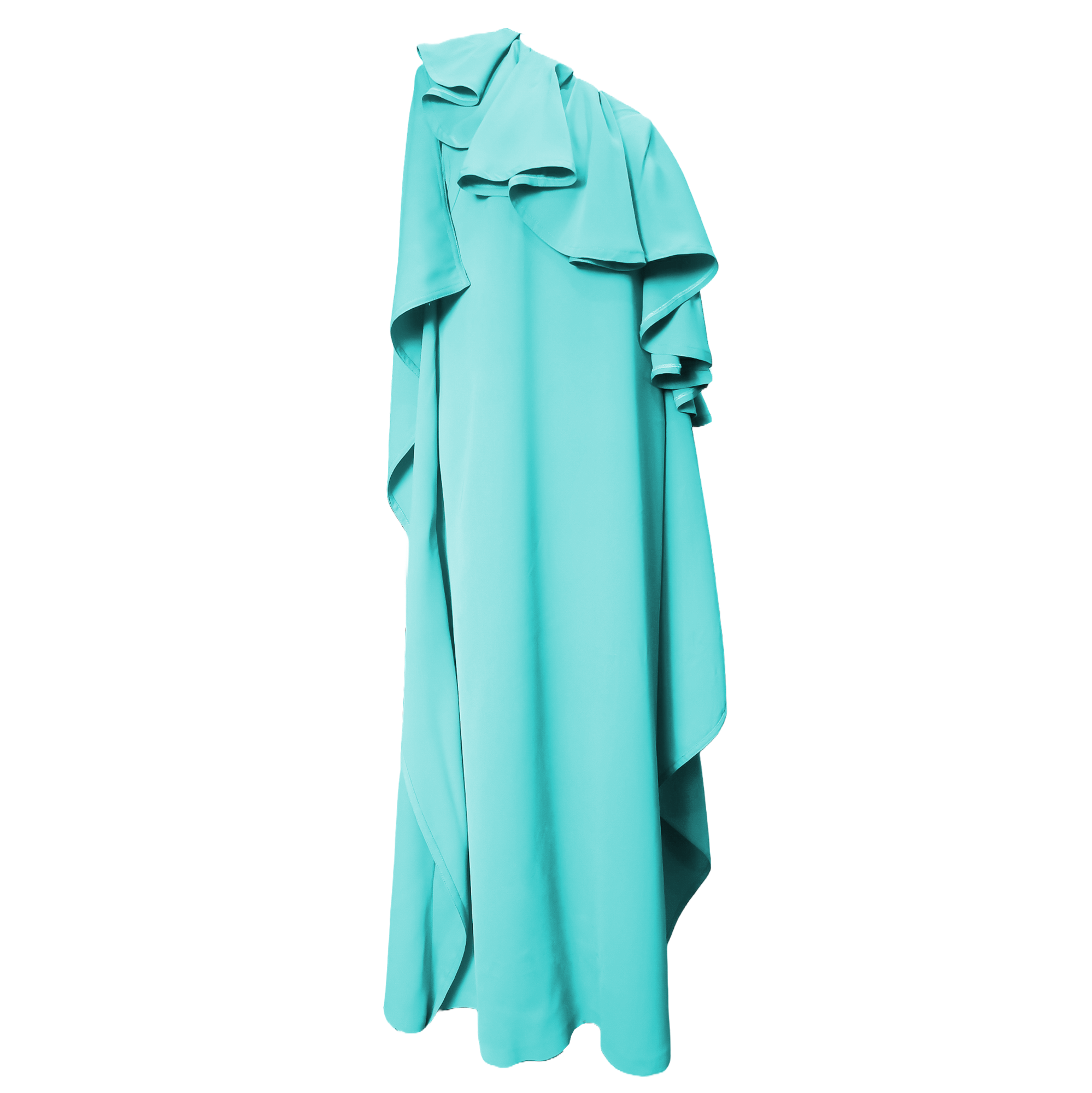 Turquoise one-shoulder dress on a white background