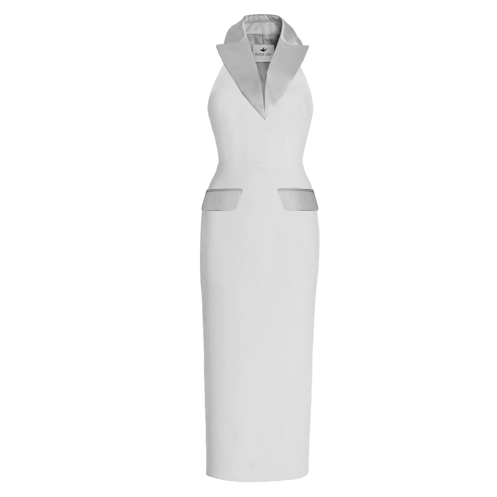 White dress with gray accents on a white background
