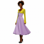 Woman wearing a yellow and purple dress on a white background