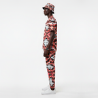Person wearing a colorful floral outfit on a white background