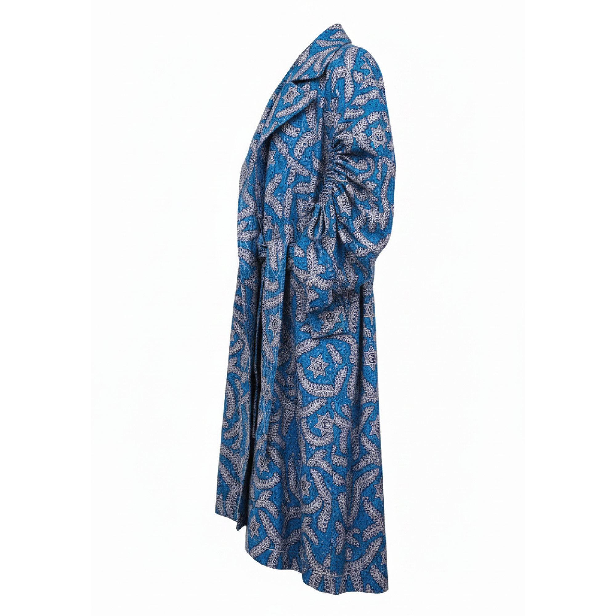A long blue trench coat with a white abstract pattern, shown from the side on a white background.
