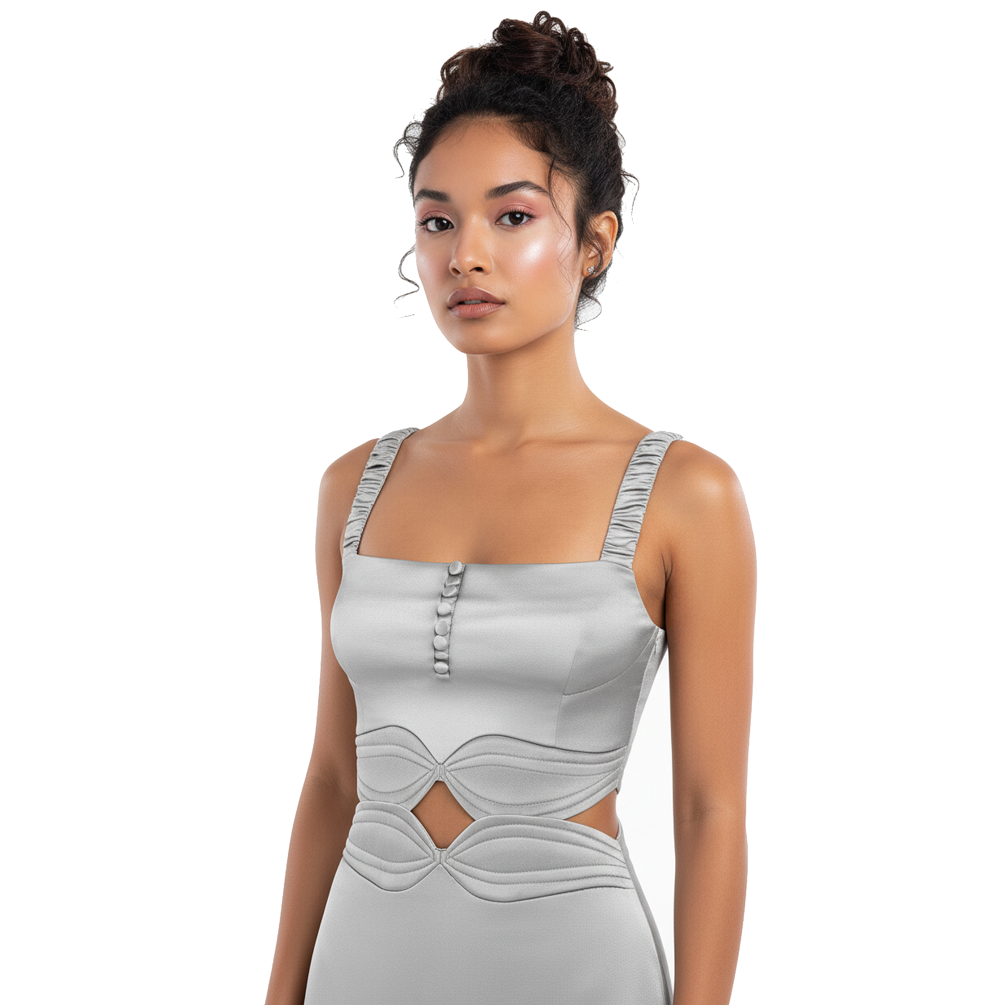 Woman wearing a light gray dress with cut-out design on a white background