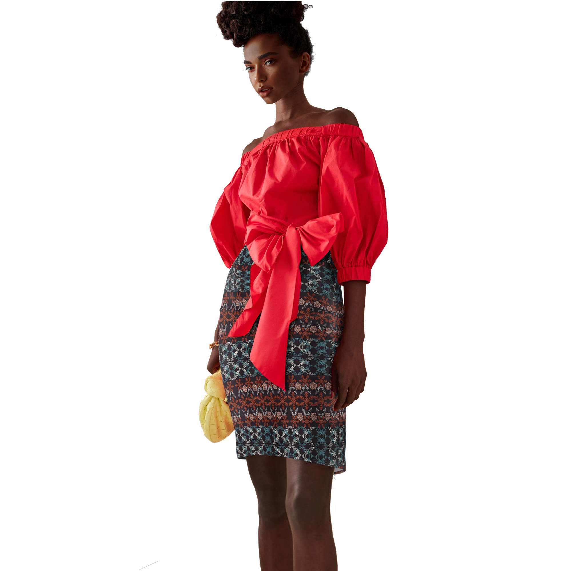 Woman wearing a red off-shoulder top with a patterned skirt on a white background