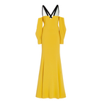 Yellow dress with black straps on a white background
