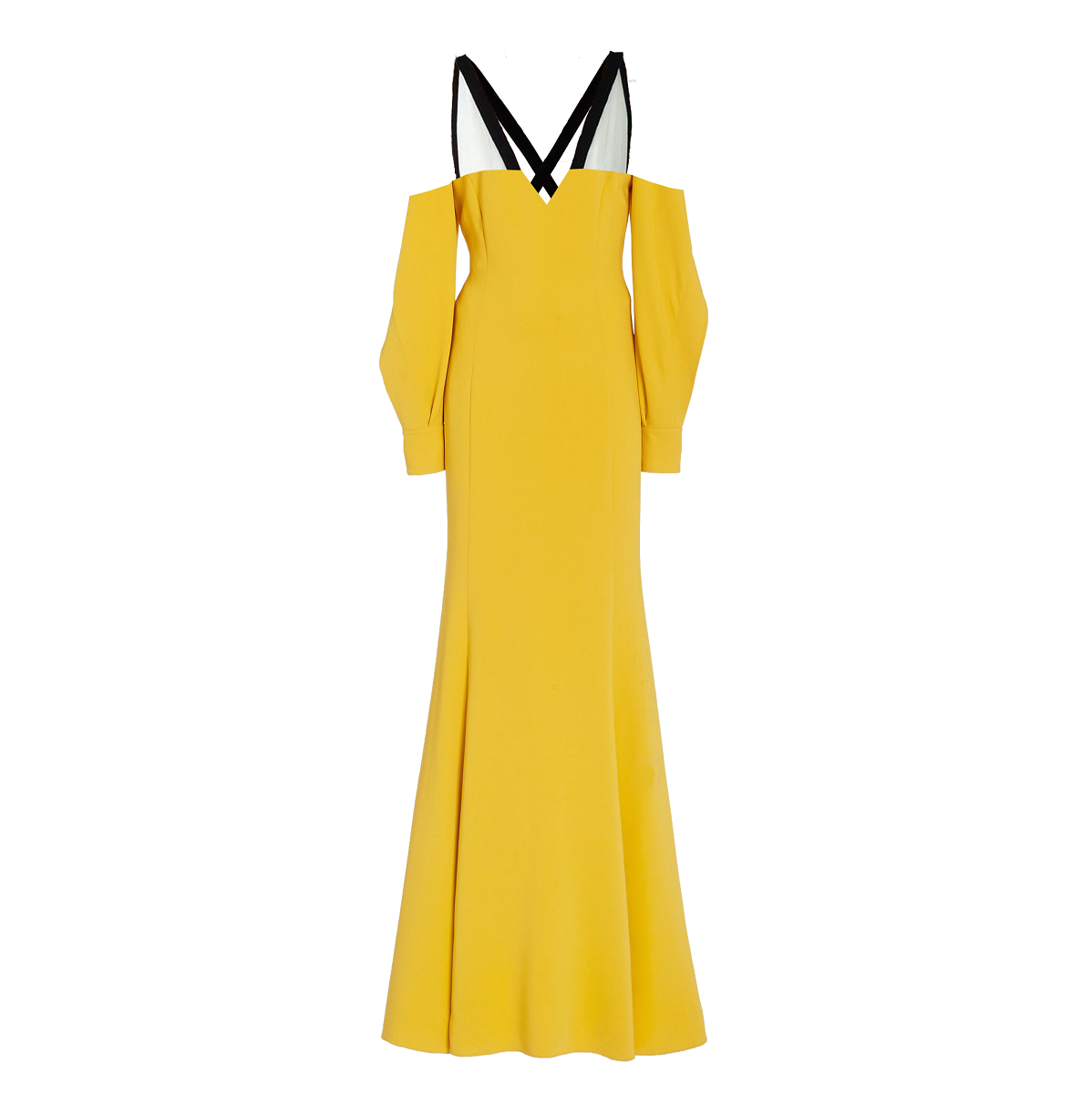 Yellow dress with black straps on a white background
