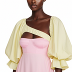 Woman wearing a yellow top and pink dress on a white background