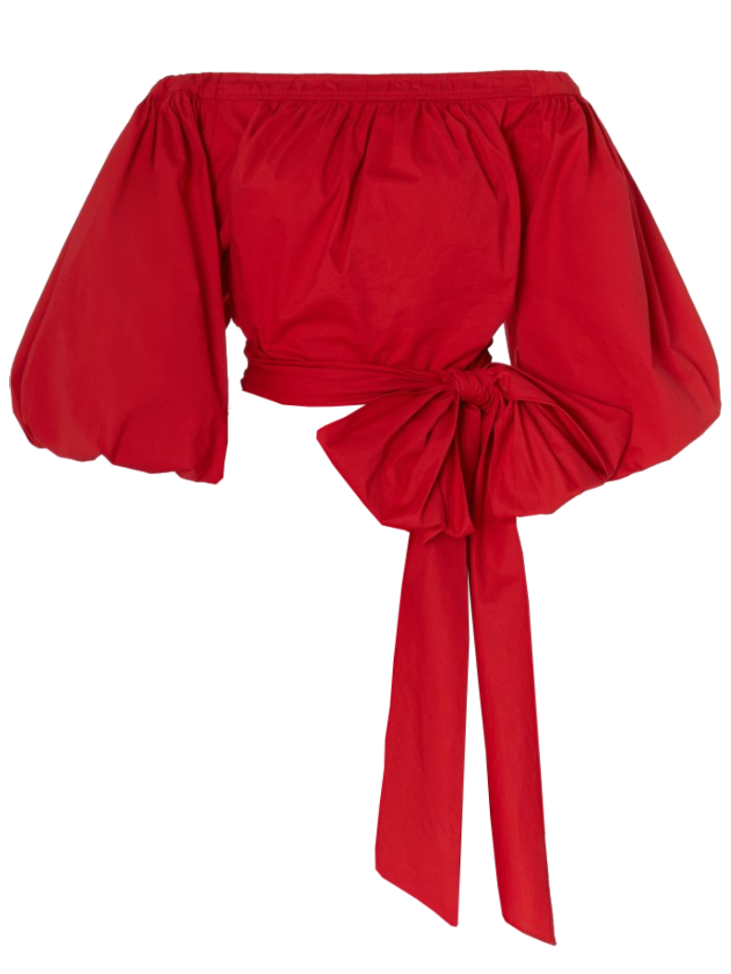 Red off-shoulder top with puff sleeves and a tie detail on a white background