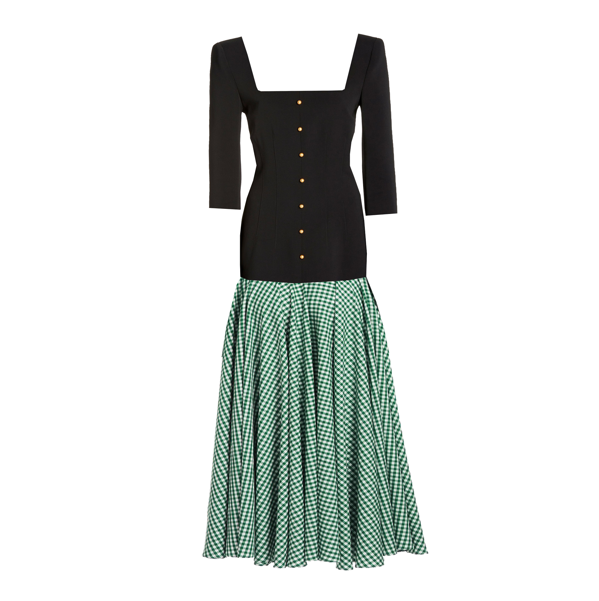 Black top with gold buttons and green checkered skirt on a white background