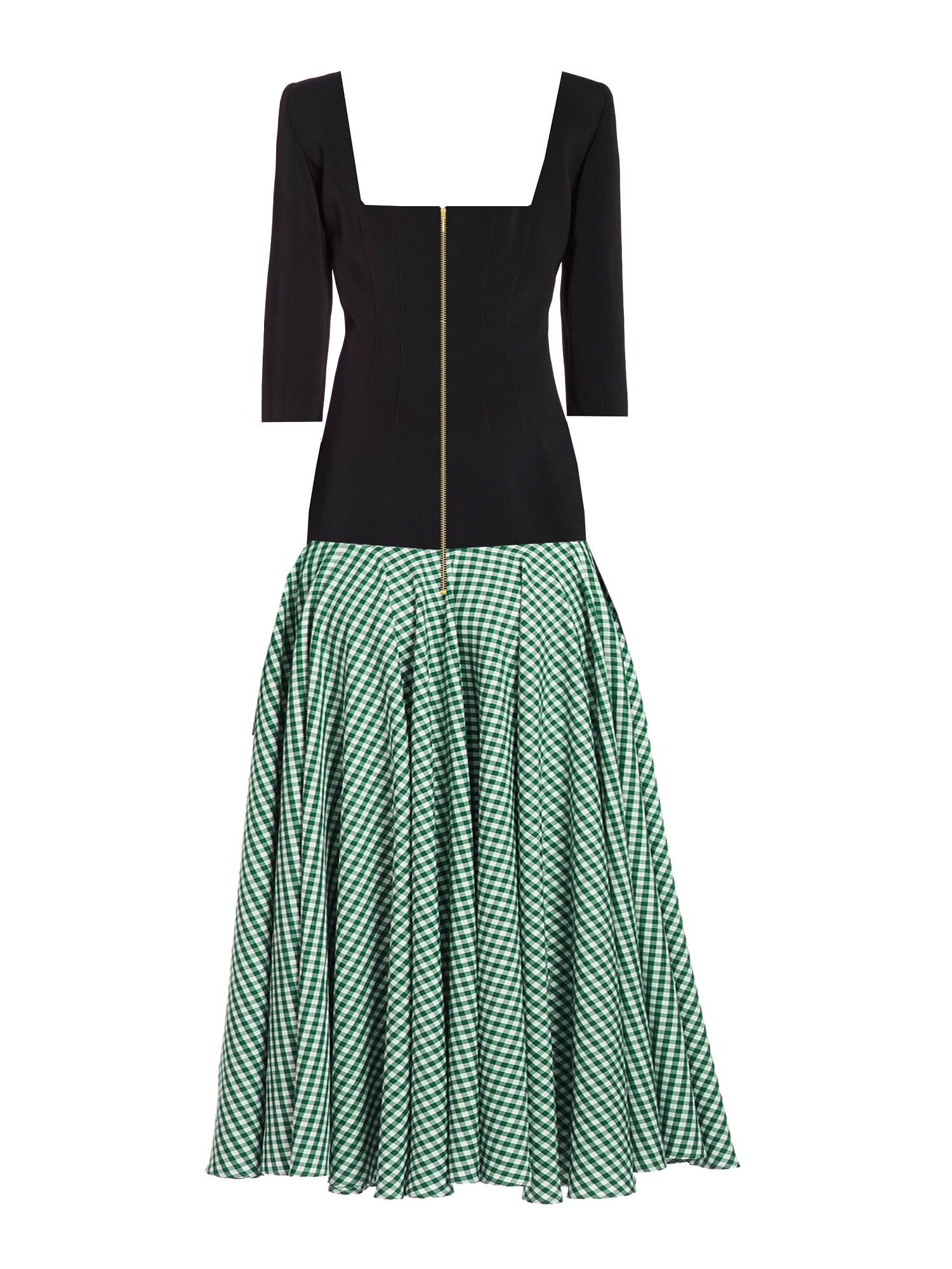 Black top and green checkered skirt on a white background