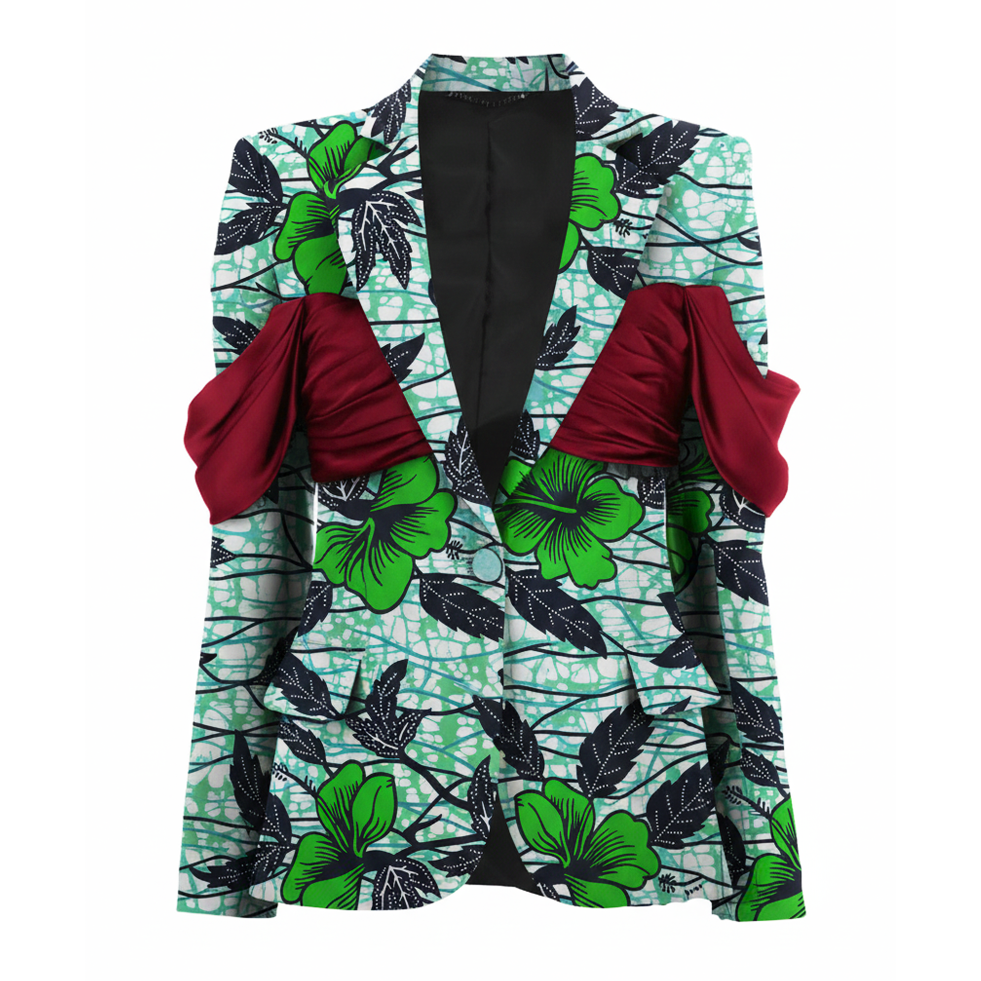 A women's blazer featuring a green and black hibiscus floral print on a white background, with dramatic gathered red sleeves.