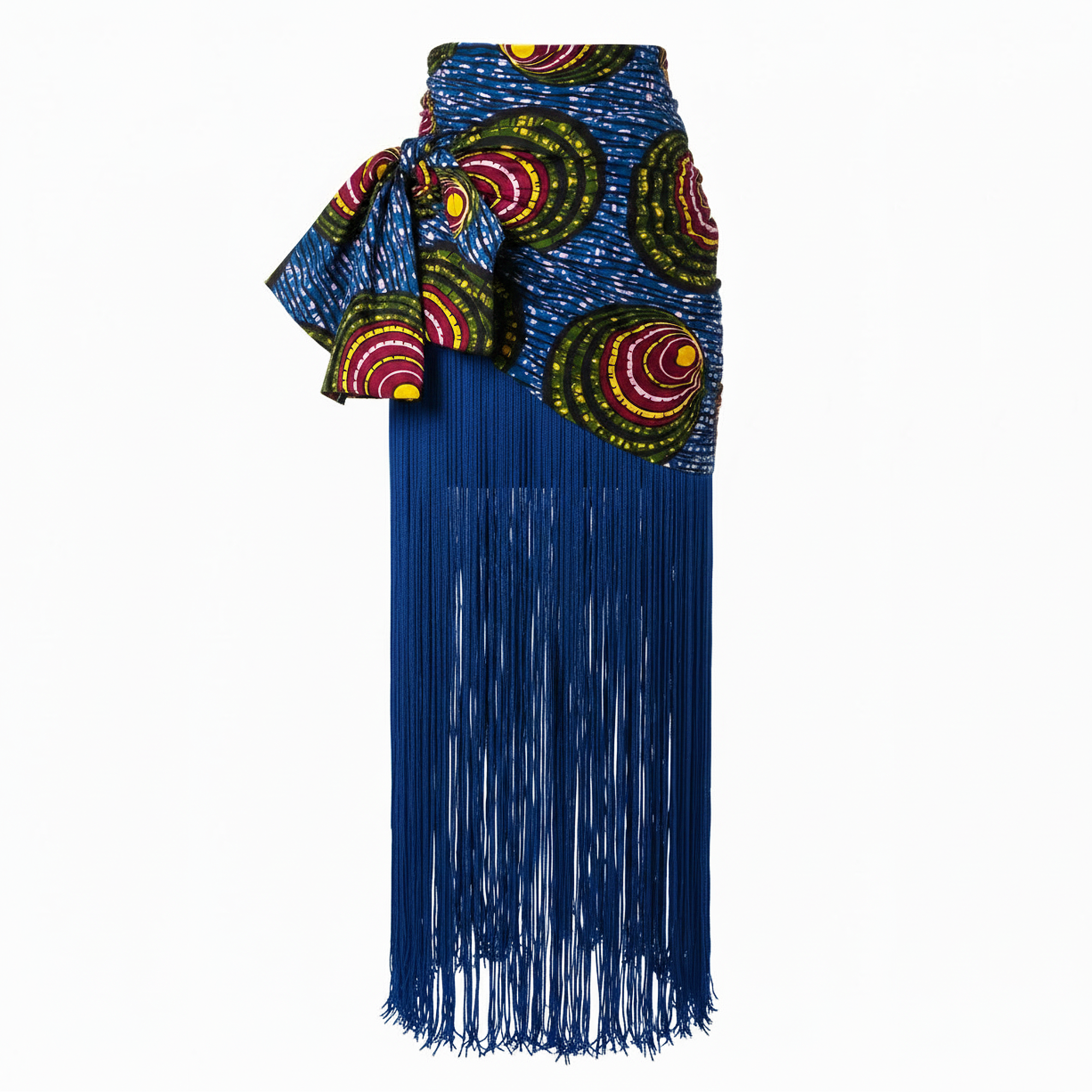 A blue wrap skirt featuring a bold multicolor circular pattern on the waist and a long, flowing fringe skirt in a deep blue shade, shown against a plain white background.