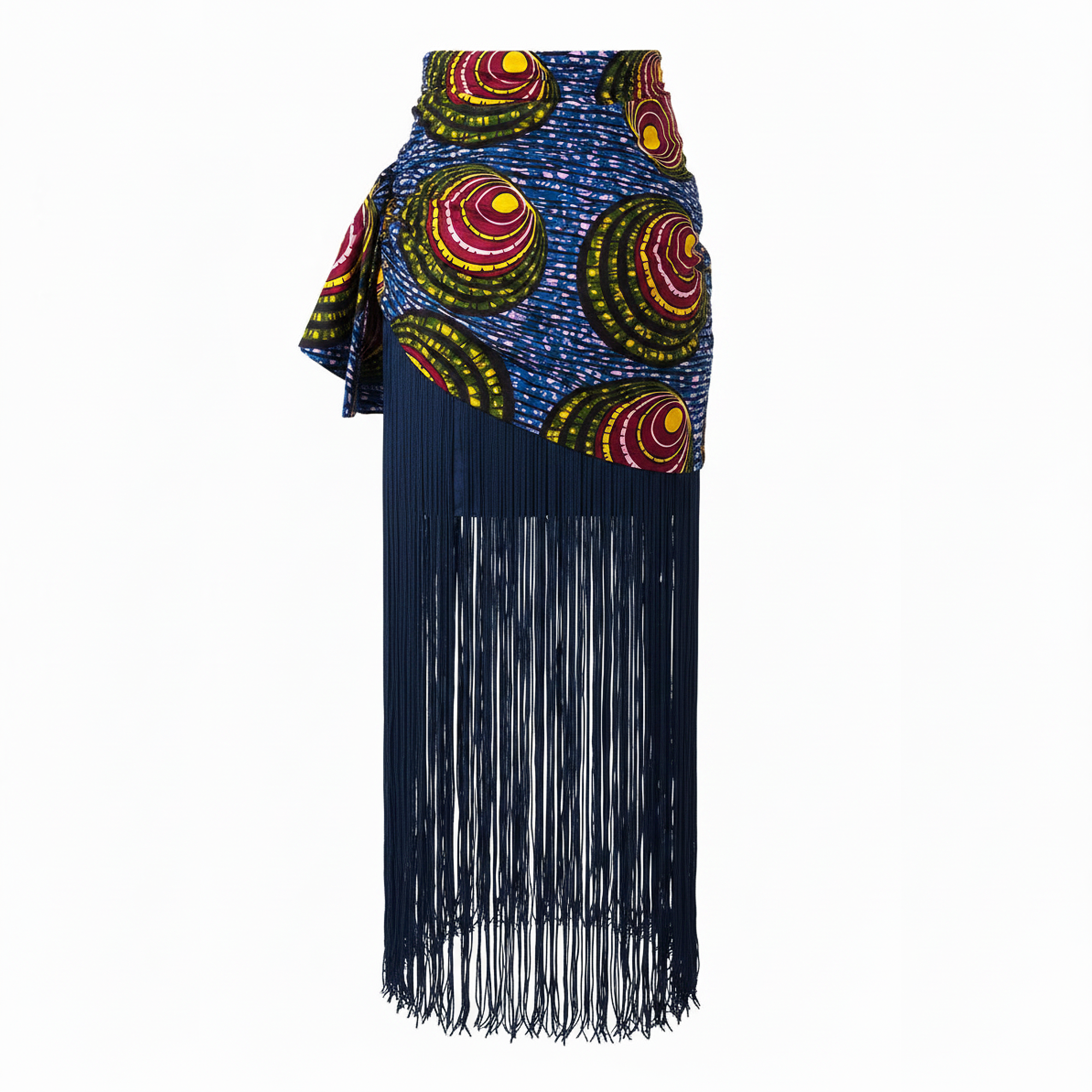 A high-waisted asymmetrical wrap skirt featuring a vibrant blue African wax print top with red, yellow, and green circular patterns, paired with a long navy blue fringe bottom, shown against a plain white background.