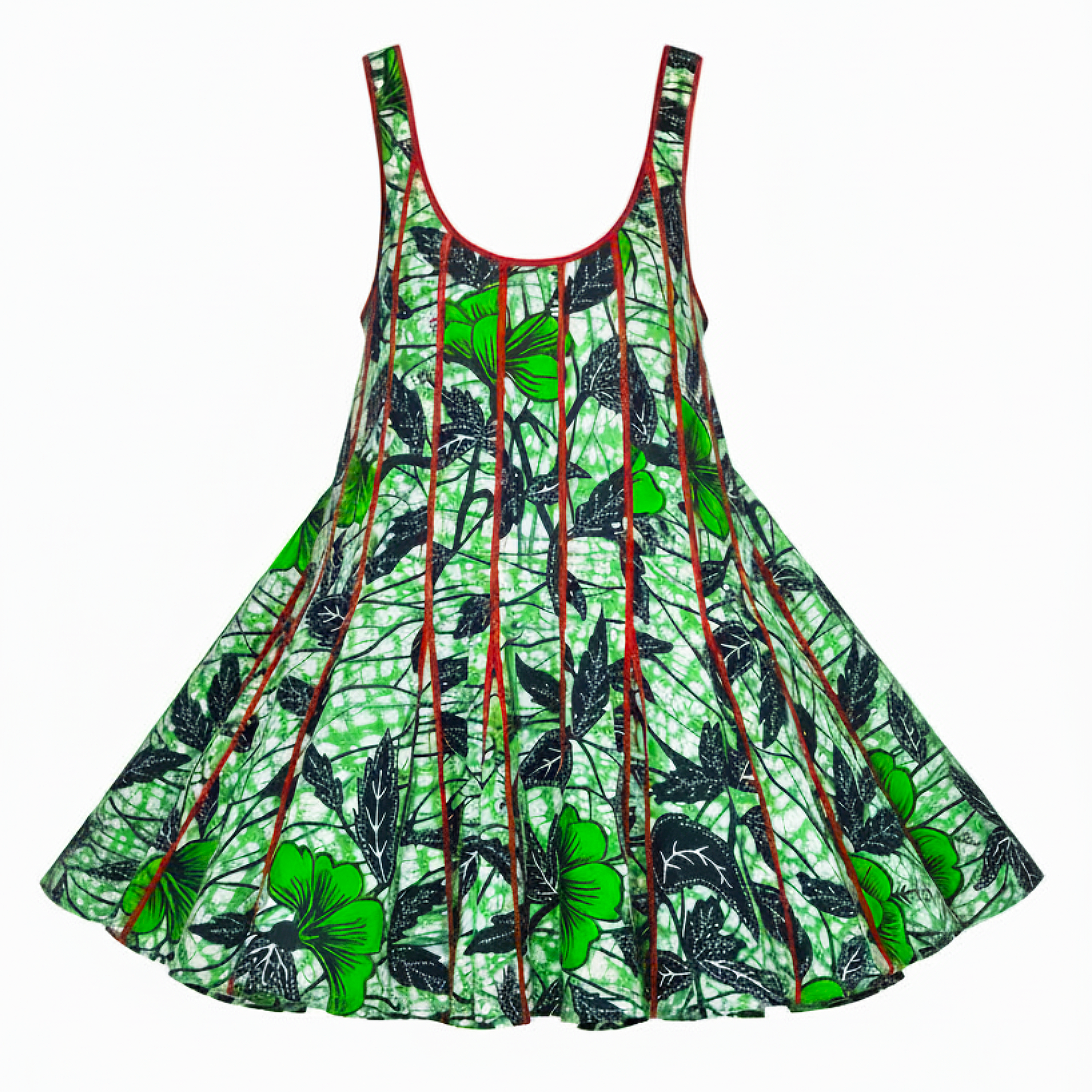A sleeveless A-line dress with a green and black hibiscus floral print, accented by thin red vertical stripes and red trim along the scoop neckline and armholes, shown against a plain white background.