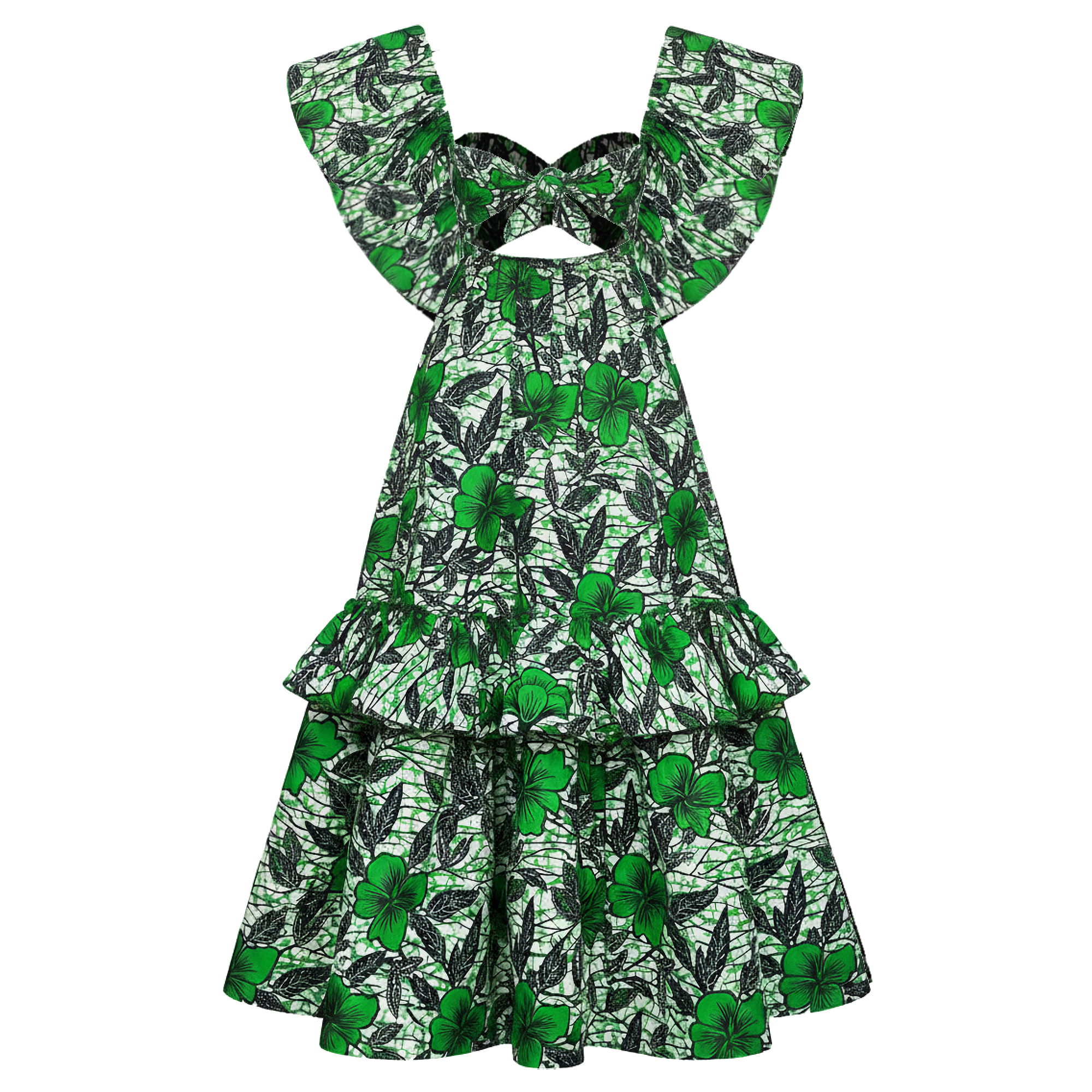 A green and black floral print dress with ruffled tiers and a sweetheart neckline, shown against a plain white background.