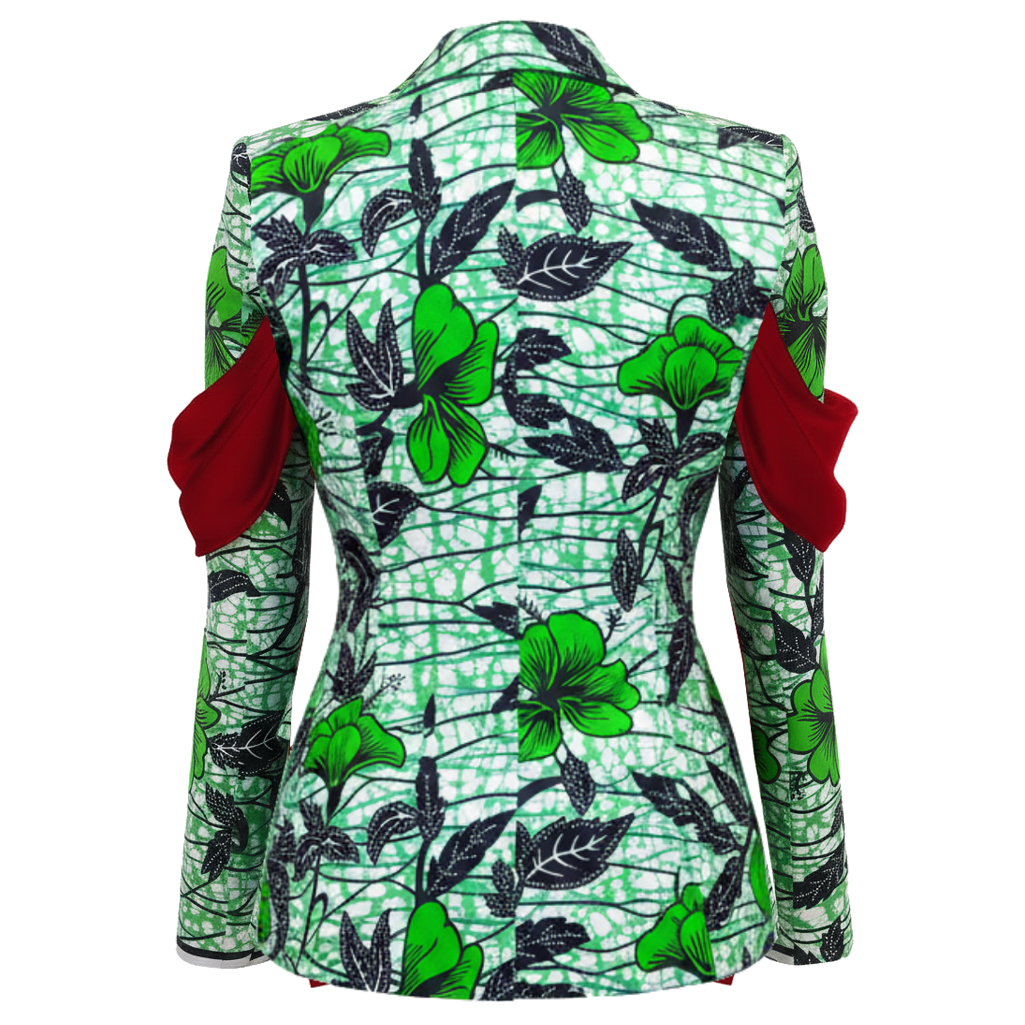 A women's long-sleeve blazer with a green and black floral African wax print pattern, featuring solid red ruffled shoulder details, shown against a plain white background.