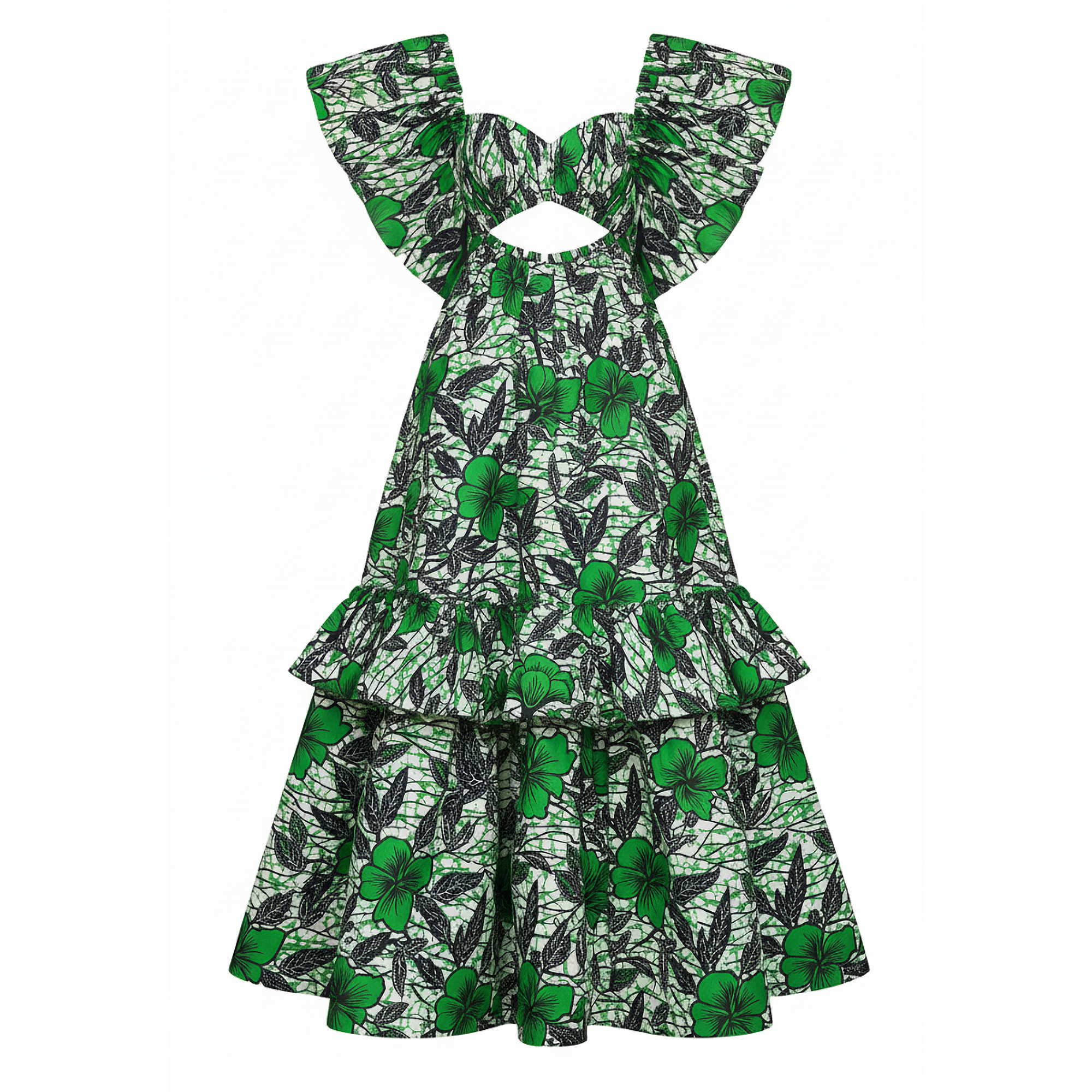 A green and black floral print dress with a large ruffled bow at the off-the-shoulder neckline, a fitted bodice, and tiered ruffle layers on the skirt, shown against a plain white background.